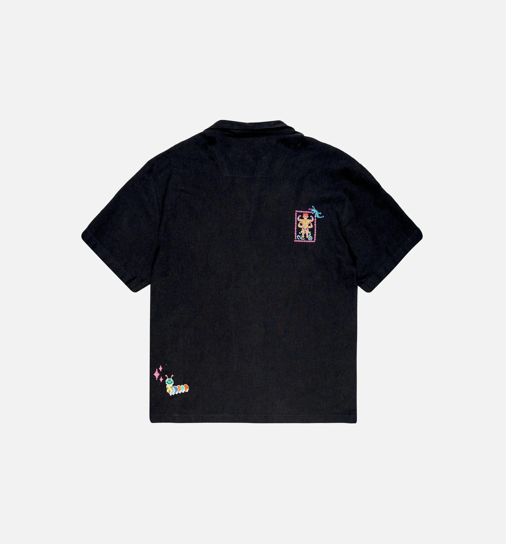 Magic Embroidered Button Down Mens Short Sleeve Shirt Black