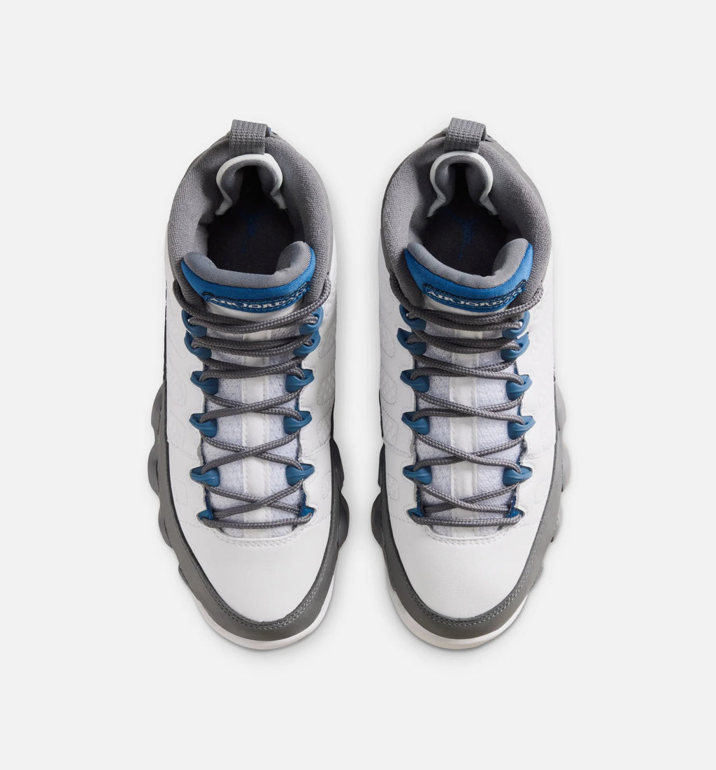 Air Jordan 9 Retro Flint Grey and French Blue Grade School Lifestyle Shoe White French Blue Flint Grey