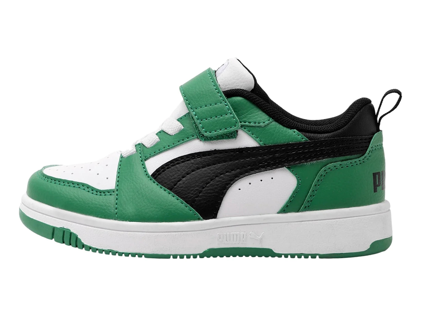Tenis PUMA Rebound V6 Lo Blanco Negro y Verde para Niño