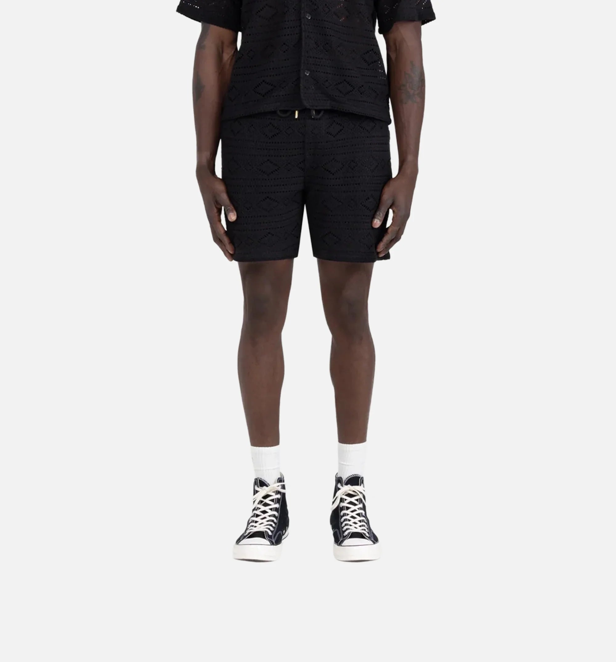 Pointelle Crochet Knit Mens Short Black