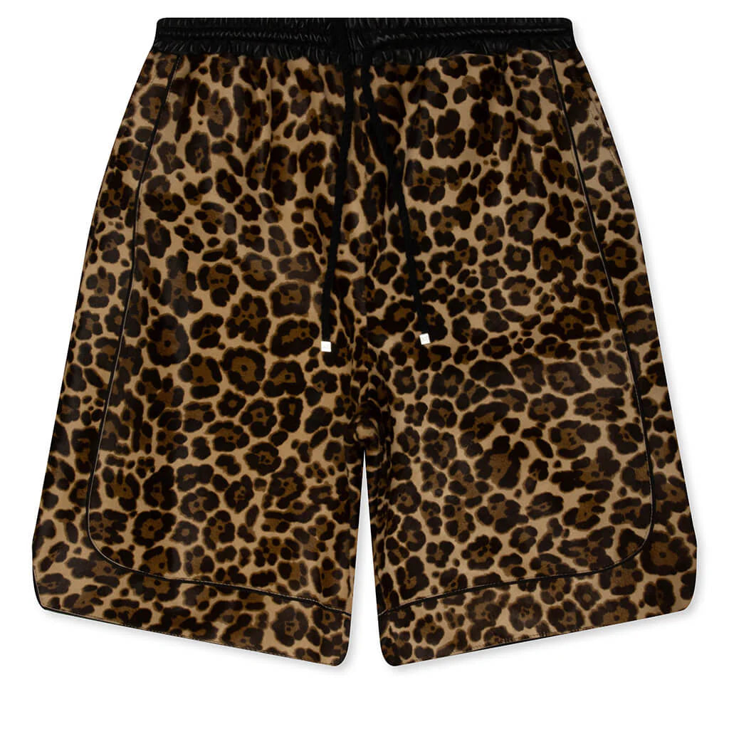 Leopard Print Calf Hair Basketball Shorts Brown Leopard