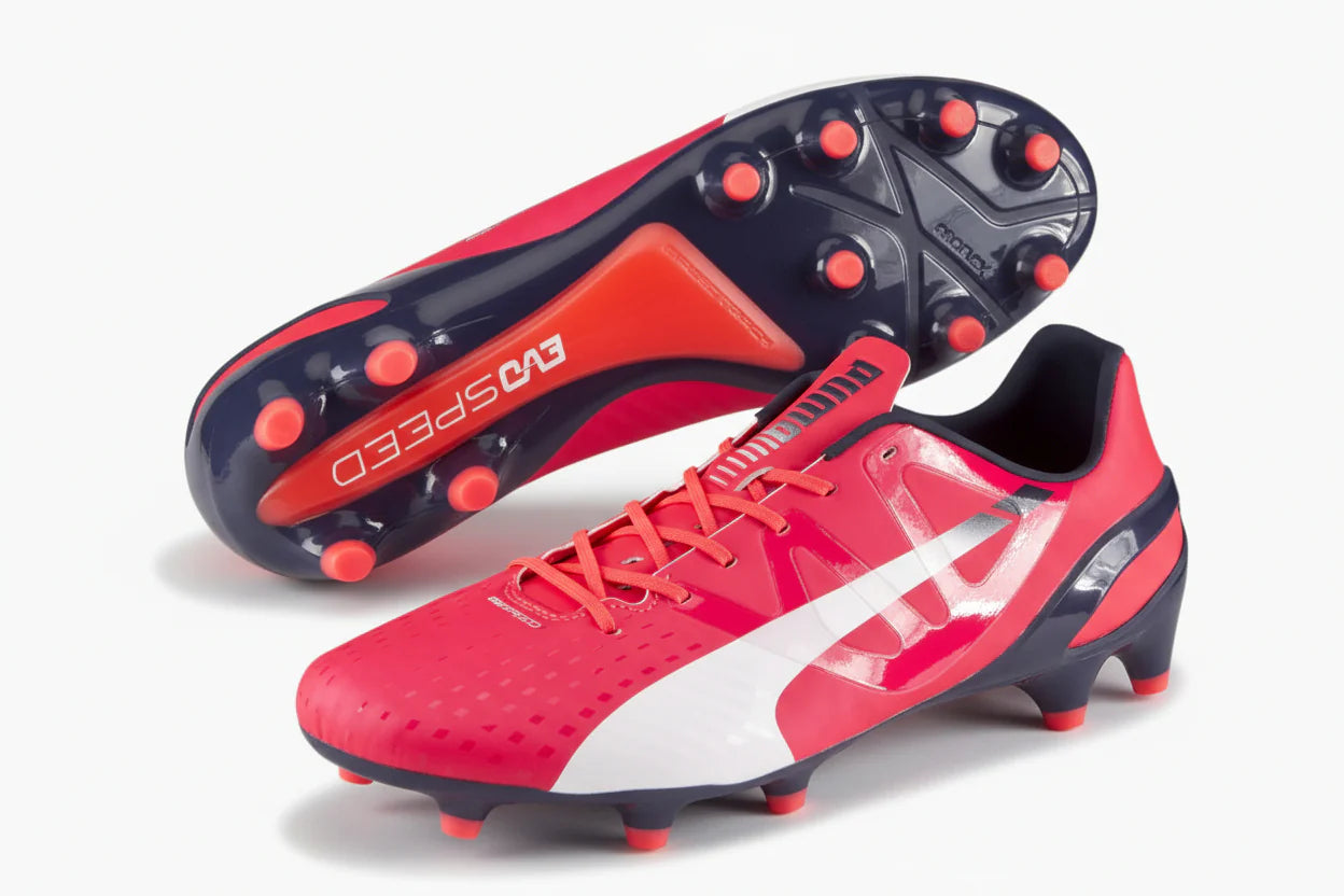 PUMA Evospeed 13 FG Firm Ground Soccer Cleats Bright Plasma White Peacoat