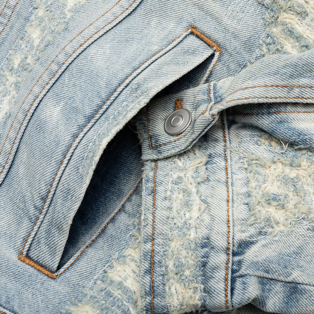 Destroyed Denim Jacket Tan Denim Blue