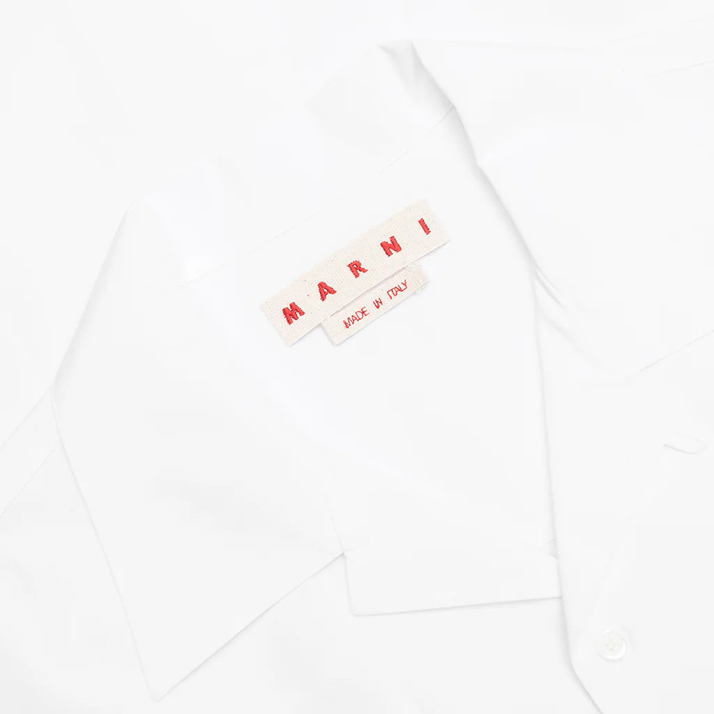 White Organic Poplin Bowling Shirt with Flower Patch Lily White
