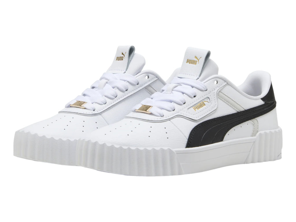 Tenis Puma Carina 30 Luxe Blanco Negro y Oro para Mujer