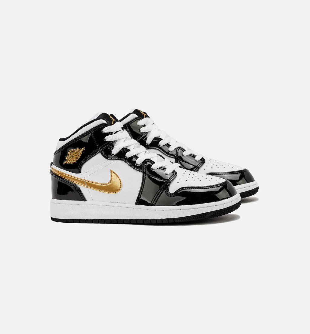 Air Jordan 1 Retro Mid SE Patent Black Gold Grade School Lifestyle Shoe Black Gold