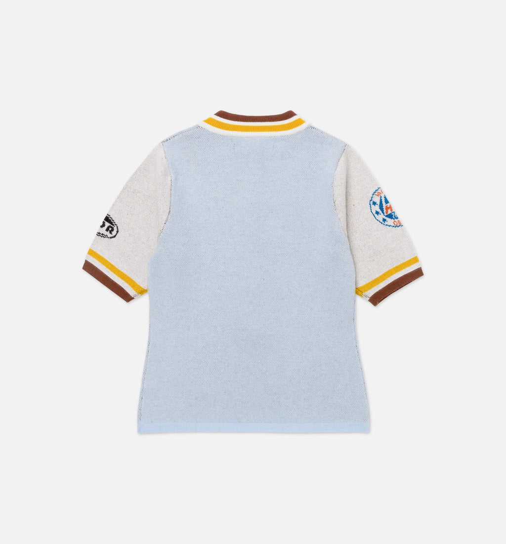 Racing Mock Neck Womens Short Sleeve Shirt Blue