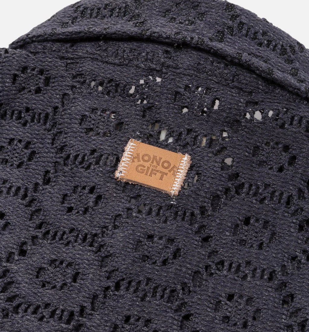 Crochet Button Up Mens Short Sleeve Shirt Black
