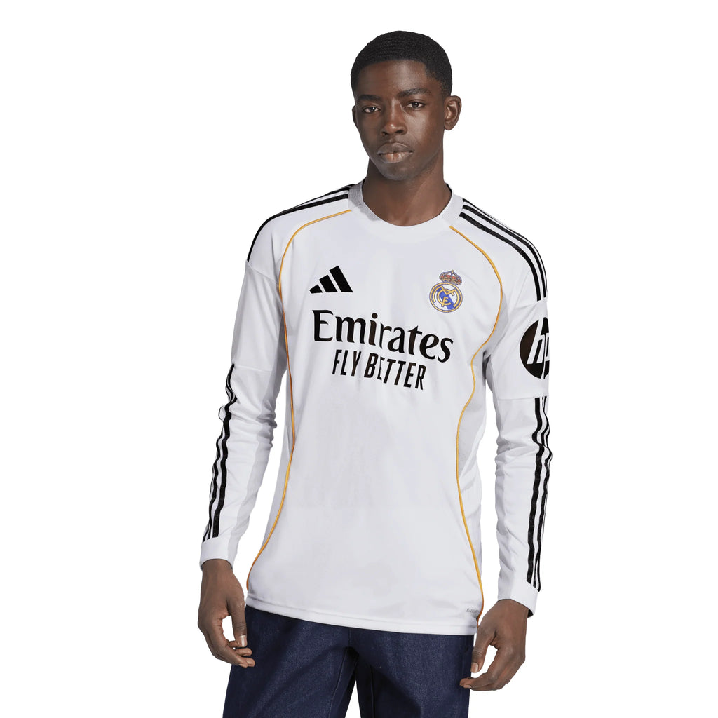 adidas Real Madrid Long Sleeve Mens Home Soccer Jersey 25 26 White