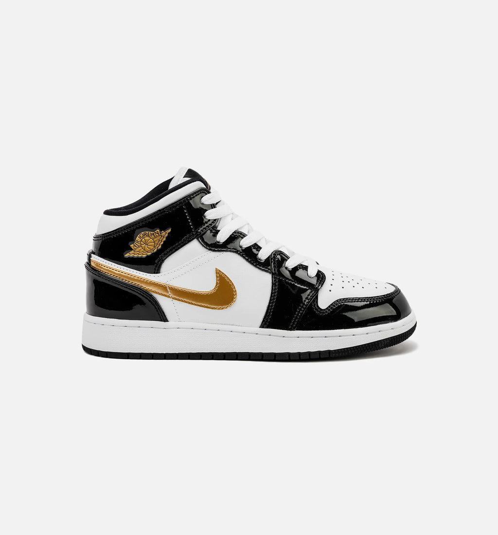 Air Jordan 1 Retro Mid SE Patent Black Gold Grade School Lifestyle Shoe Black Gold