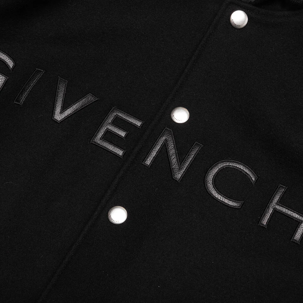 Hooded Varsity Jacket in Wool and Leather Black