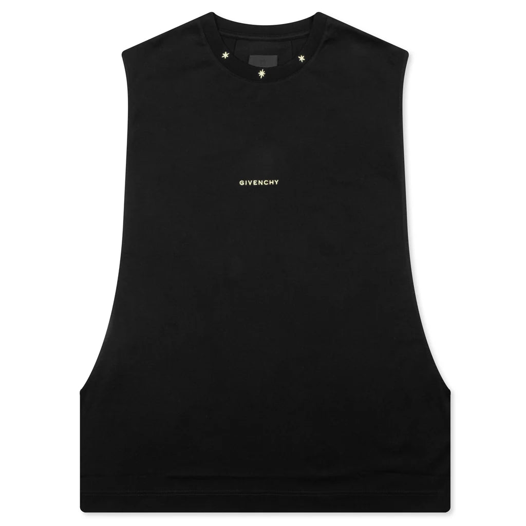 Star Print Sleeveless Big Armhole T Shirt Black