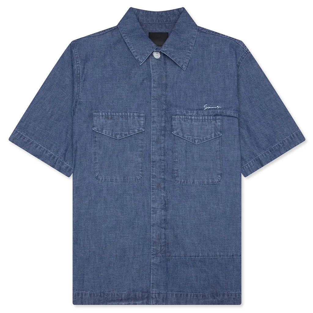 Logo Embroidered Short Sleeve Shirt Denim Blue