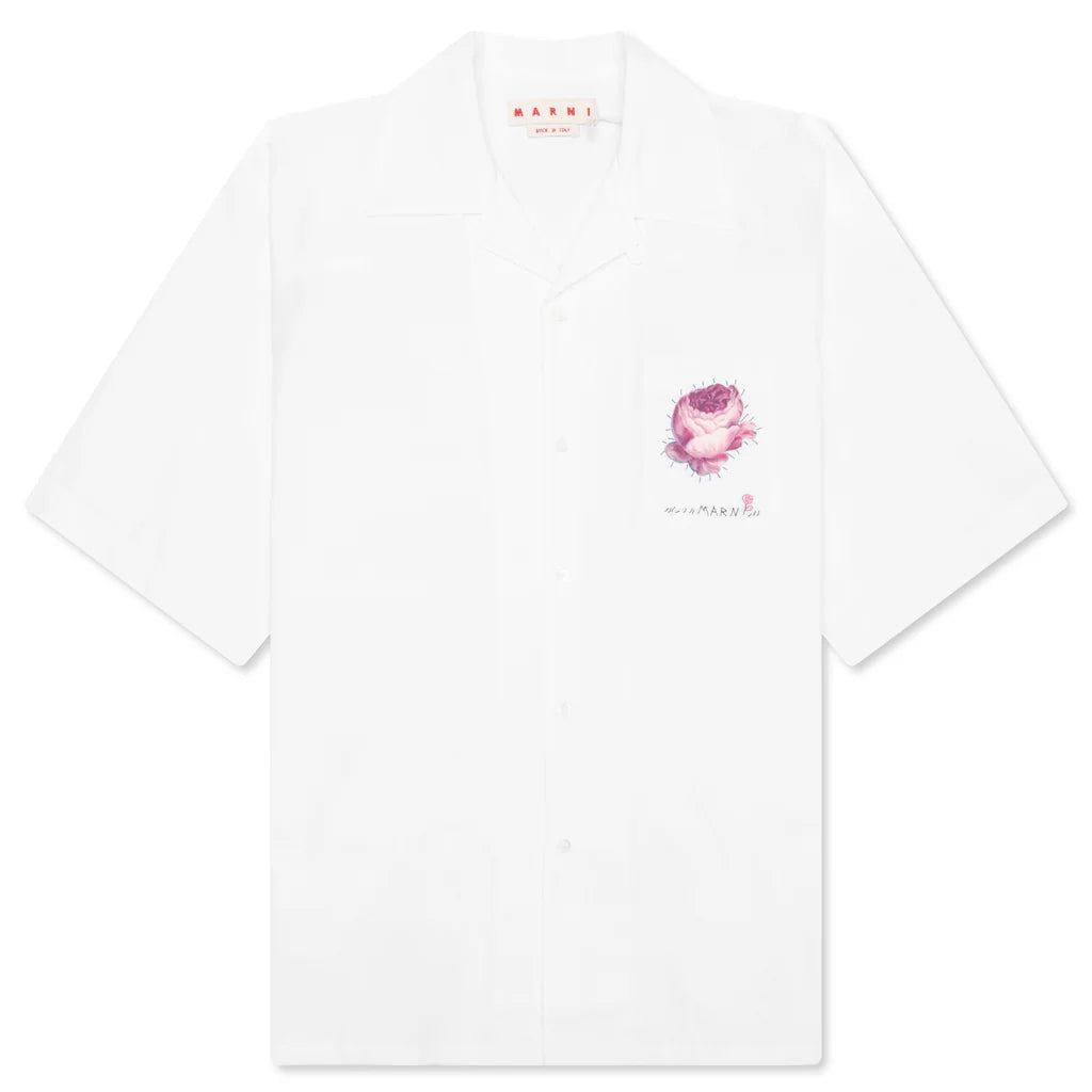 White Organic Poplin Bowling Shirt with Flower Patch Lily White