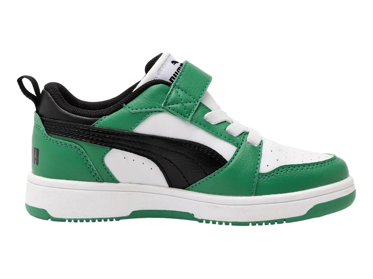 Tenis PUMA Rebound V6 Lo Blanco Negro y Verde para Niño