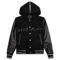 Hooded Varsity Jacket in Wool and Leather Black