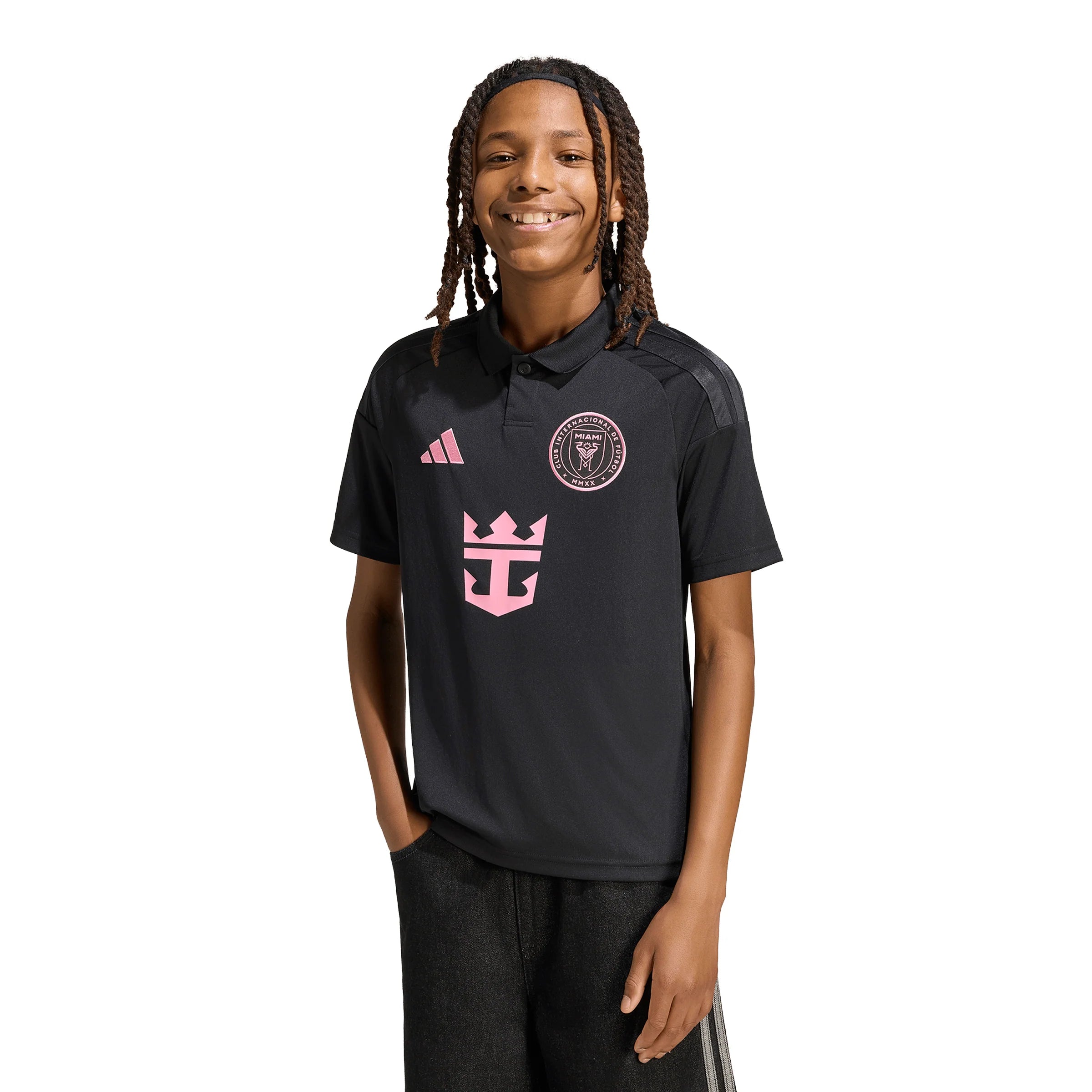 adidas Inter Miami CF Away Messi Youth Soccer Jersey 26 27 Black Pink