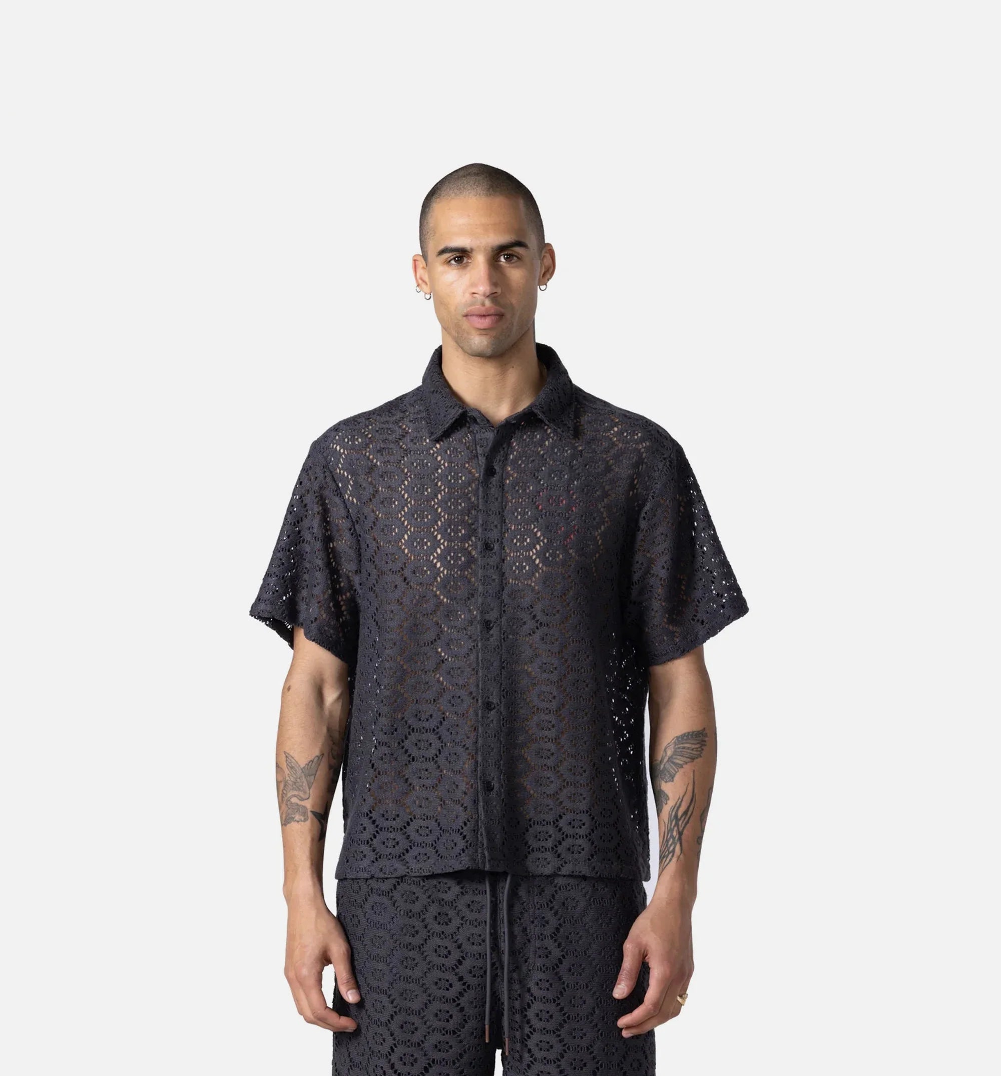 Crochet Button Up Mens Short Sleeve Shirt Black