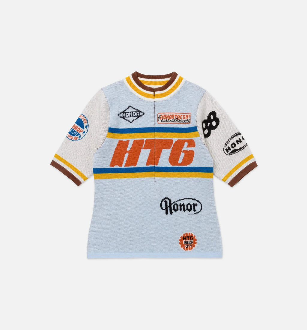 Racing Mock Neck Womens Short Sleeve Shirt Blue