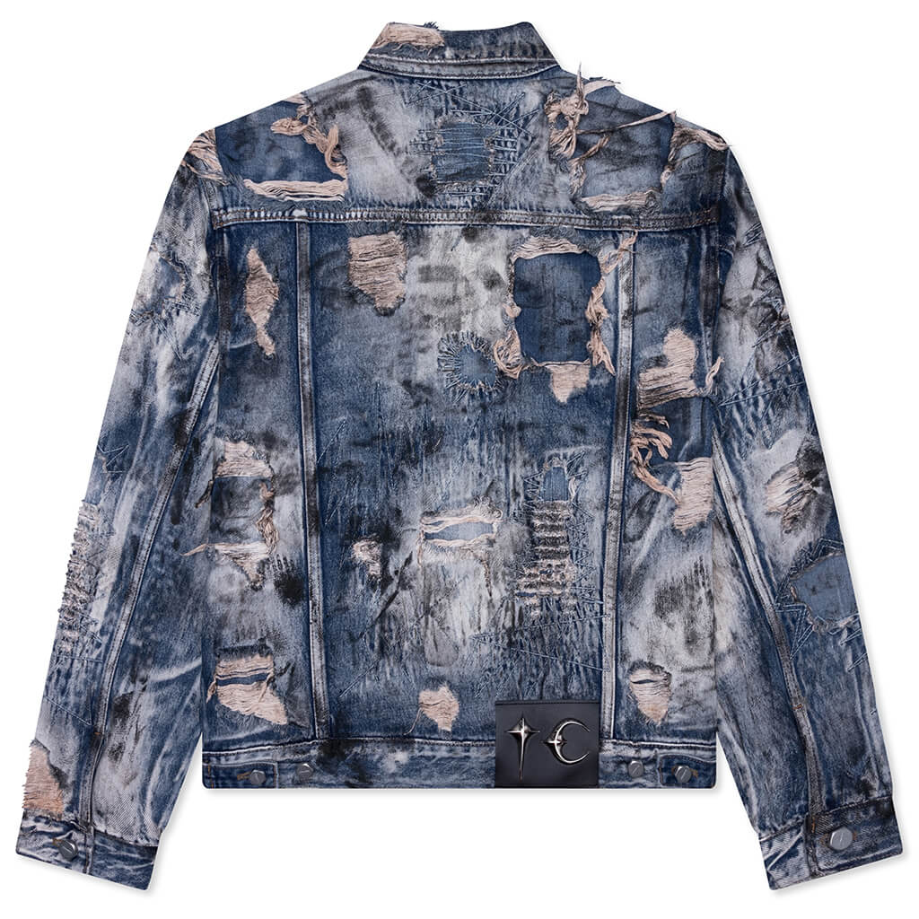 Hard Washed Damaged Denim Jacket Blue