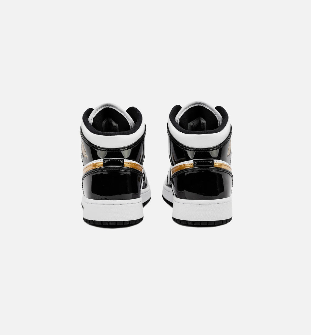 Air Jordan 1 Retro Mid SE Patent Black Gold Grade School Lifestyle Shoe Black Gold