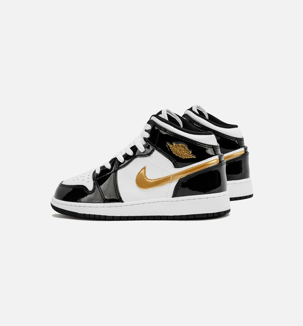 Air Jordan 1 Retro Mid SE Patent Black Gold Grade School Lifestyle Shoe Black Gold