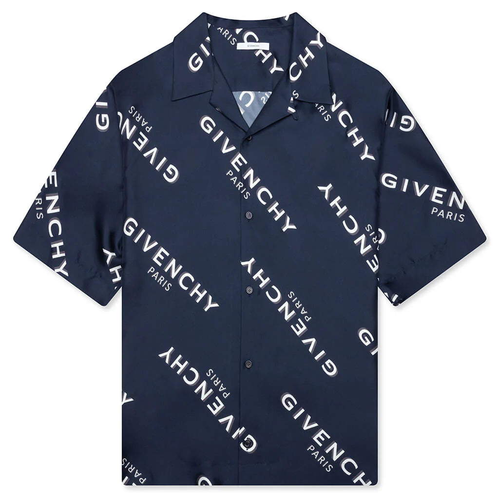 Shadow Print Silk Shirt Navy