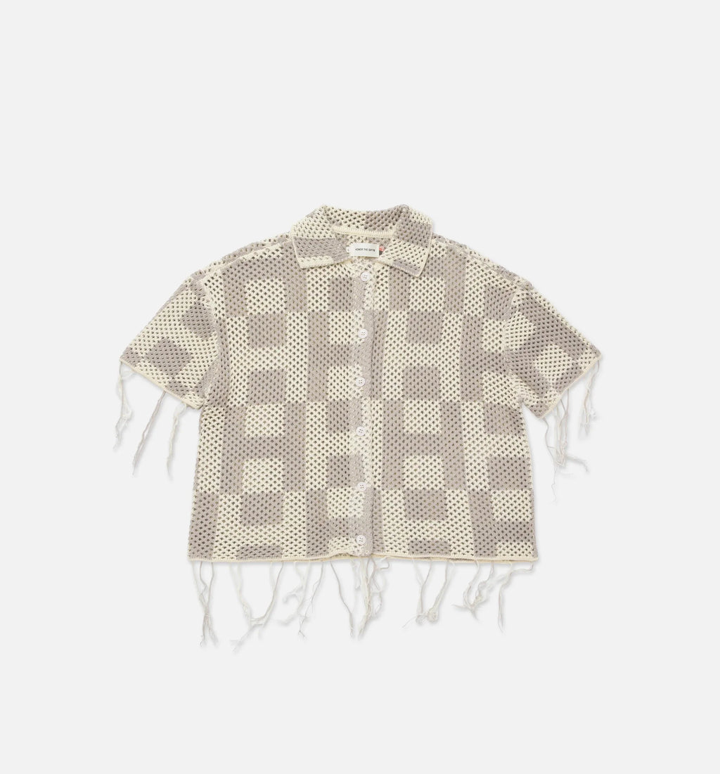 Crochet Button Down Mens Short Sleeve Shirt Stone