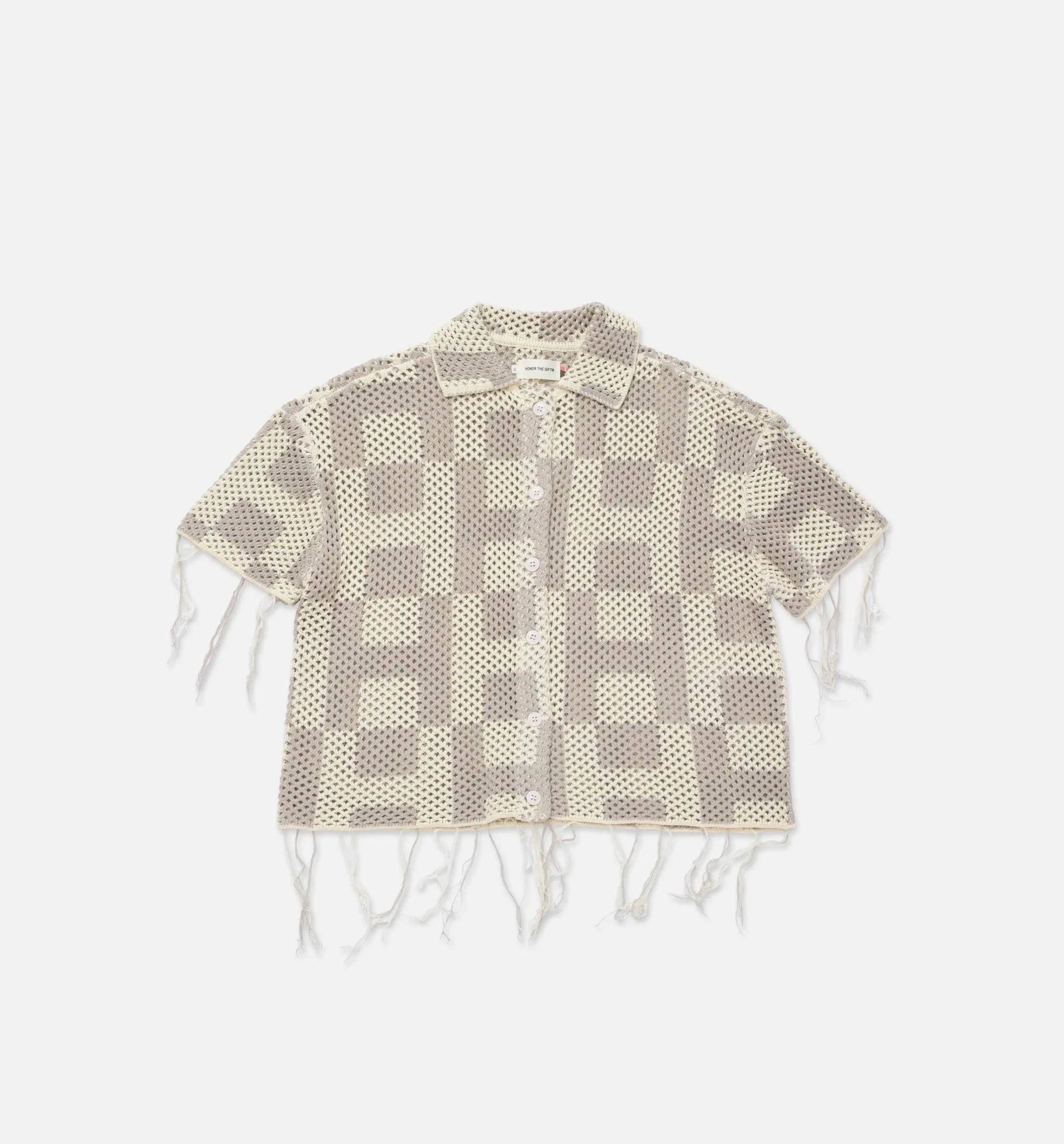 Crochet Button Down Mens Short Sleeve Shirt Stone