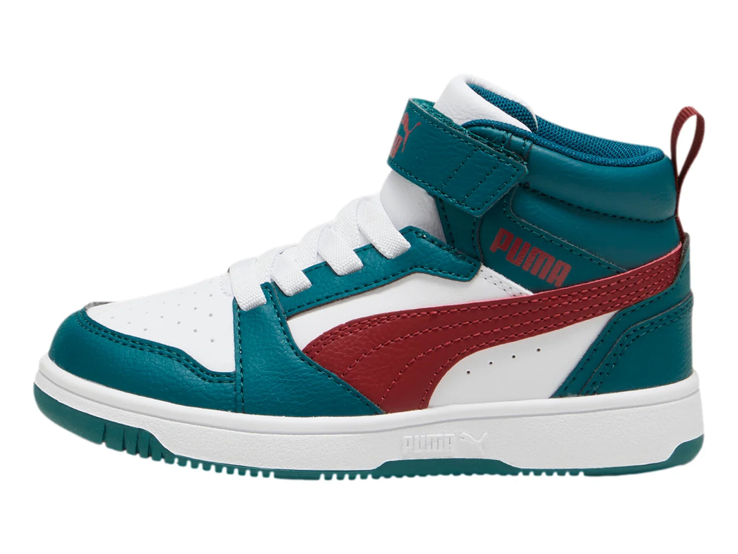 Tenis PUMA Rebound V6 Mid Verde Blanco y Rojo para Niño