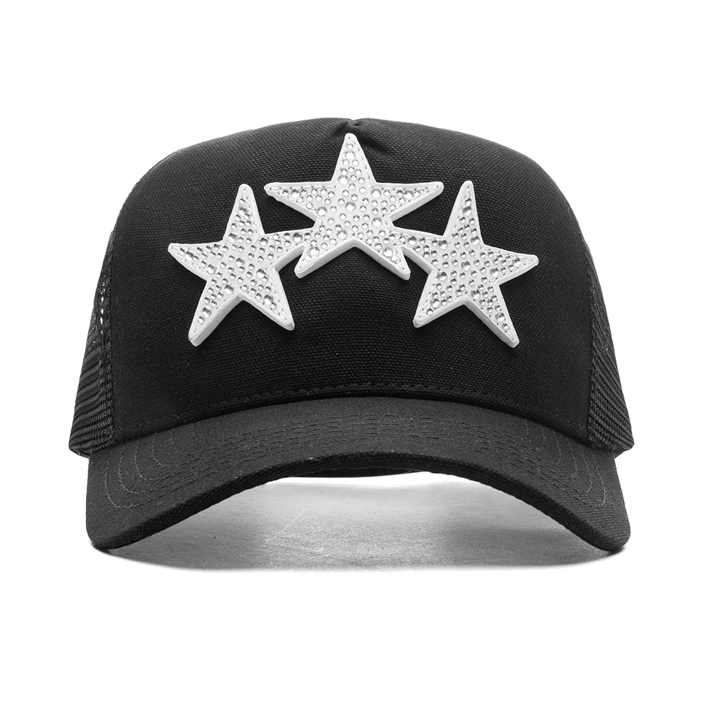 Crystal 3 Star Trucker Hat Black White