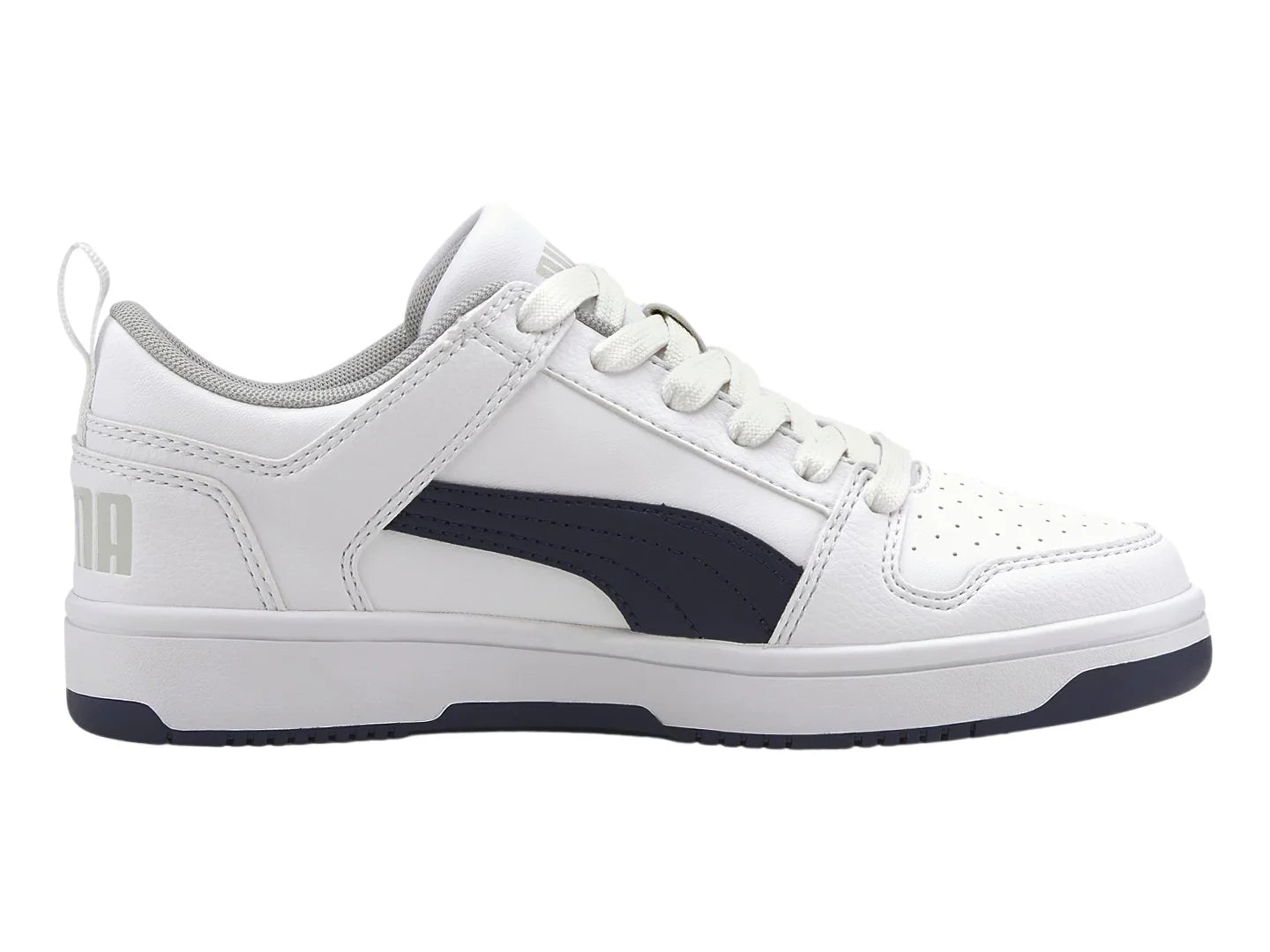 Tenis PUMA Rebound Layup Lo SL Blanco y Azul Marino para Niño