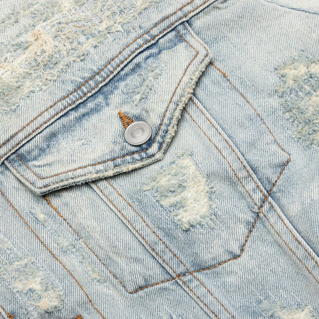 Destroyed Denim Jacket Tan Denim Blue