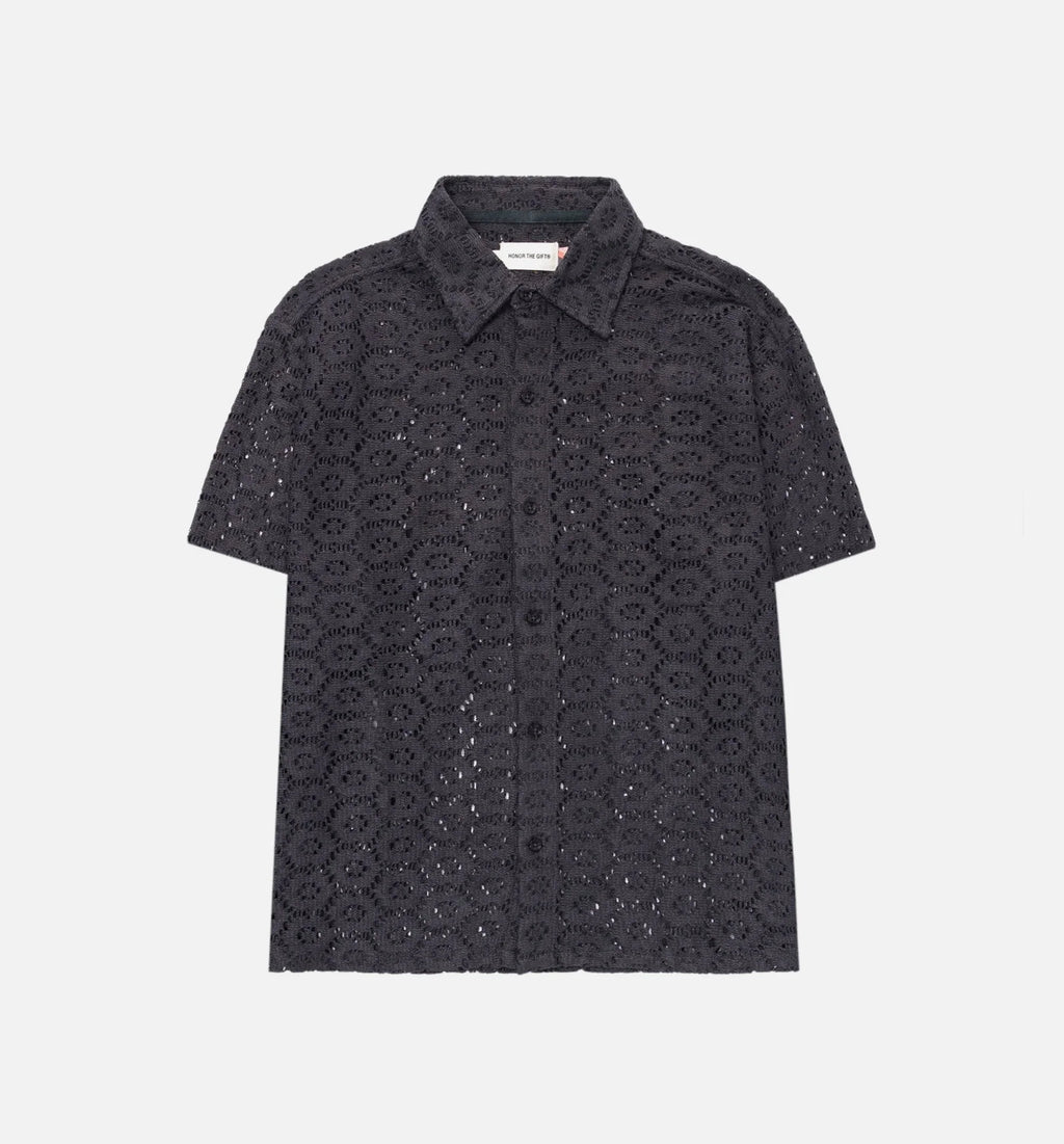 Crochet Button Up Mens Short Sleeve Shirt Black