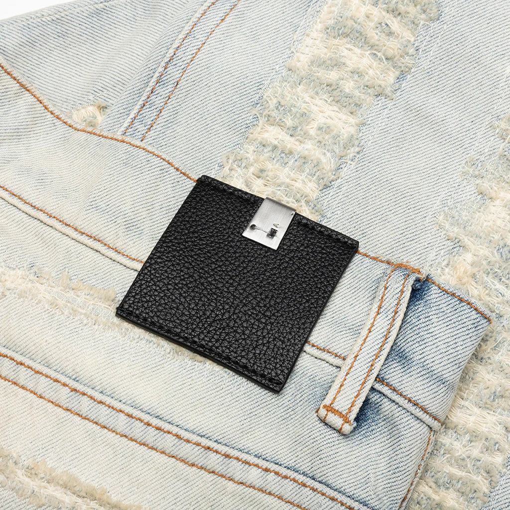 Destroyed Embroidery Jean Tan Denim Blue