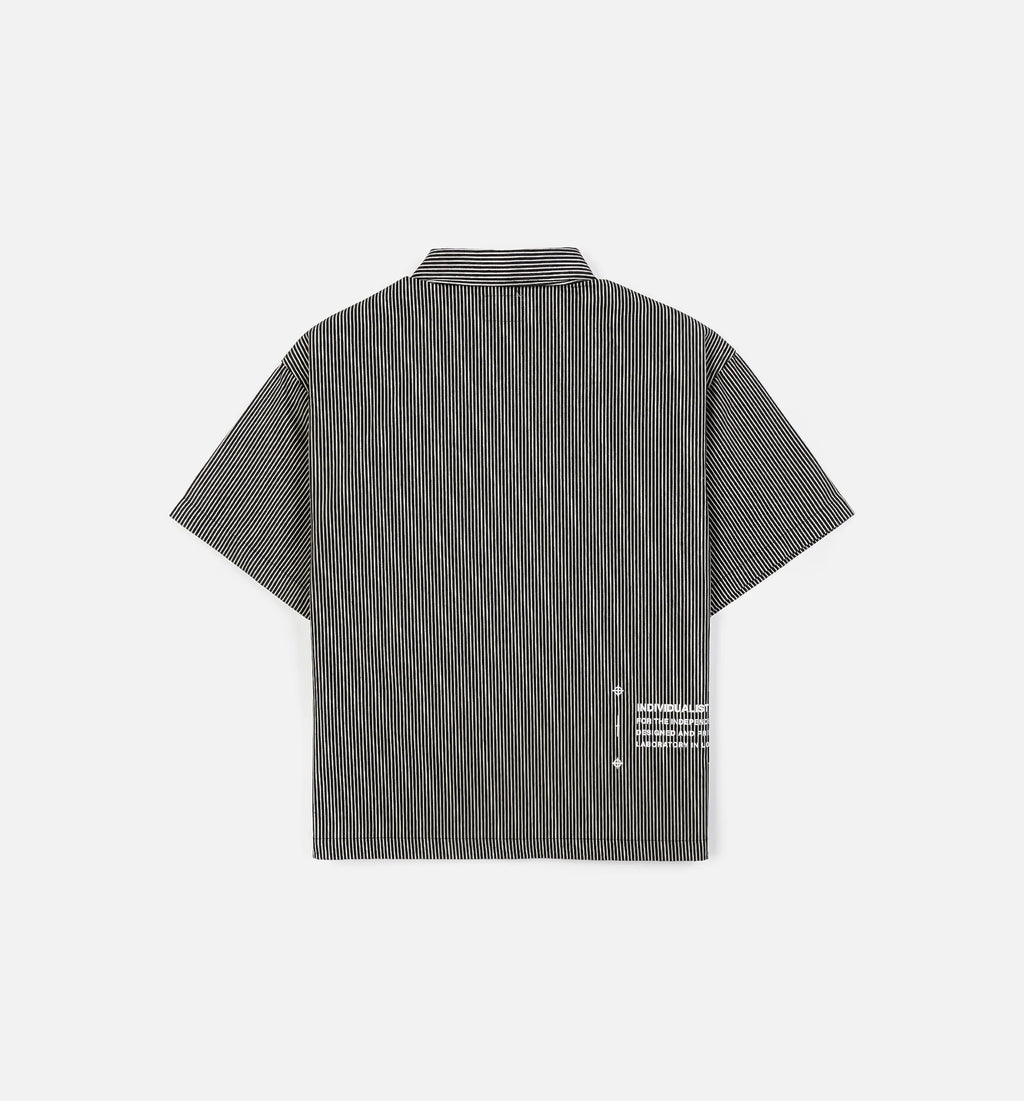 Boxy Striped Work Button Up Mens Short Sleeve Shirt Black White