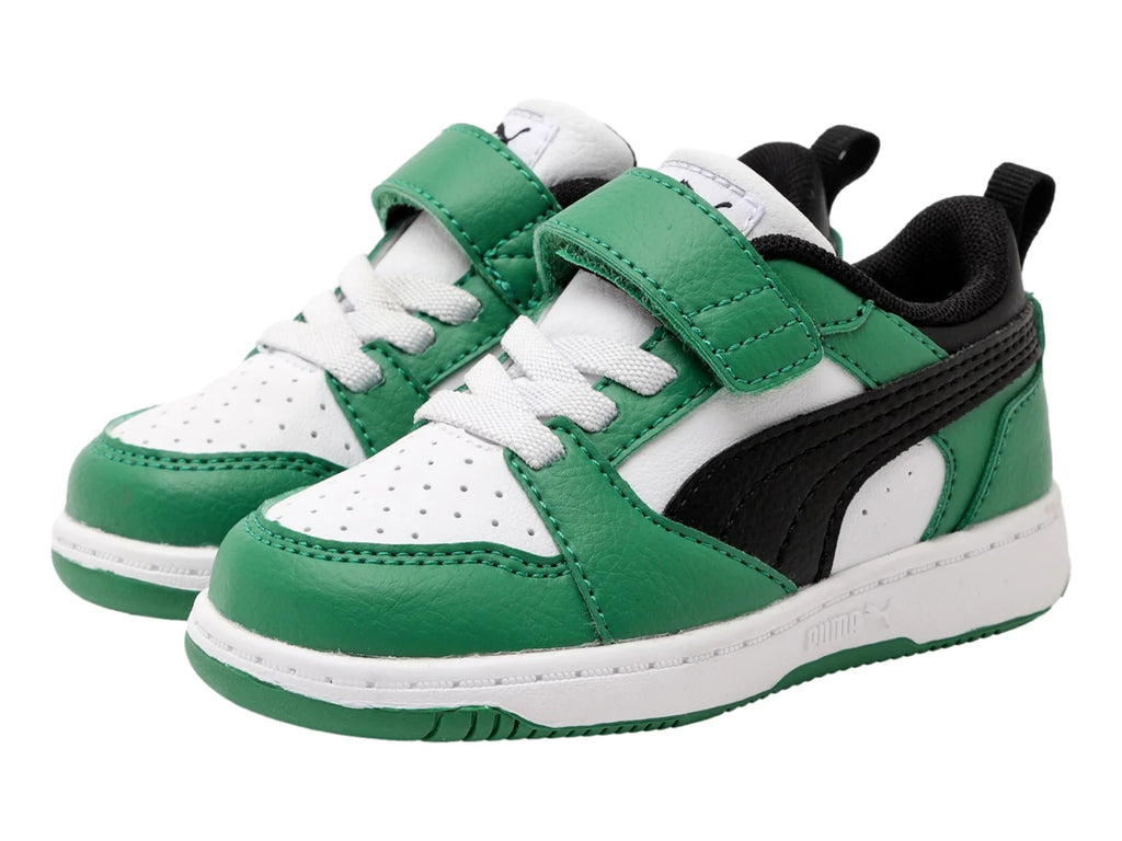 Tenis PUMA Rebound V6 Lo Blanco Negro y Verde para Niño