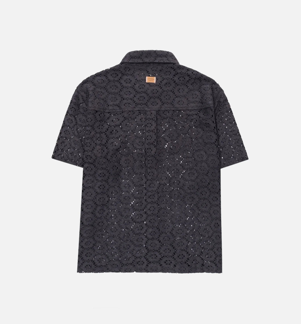 Crochet Button Up Mens Short Sleeve Shirt Black