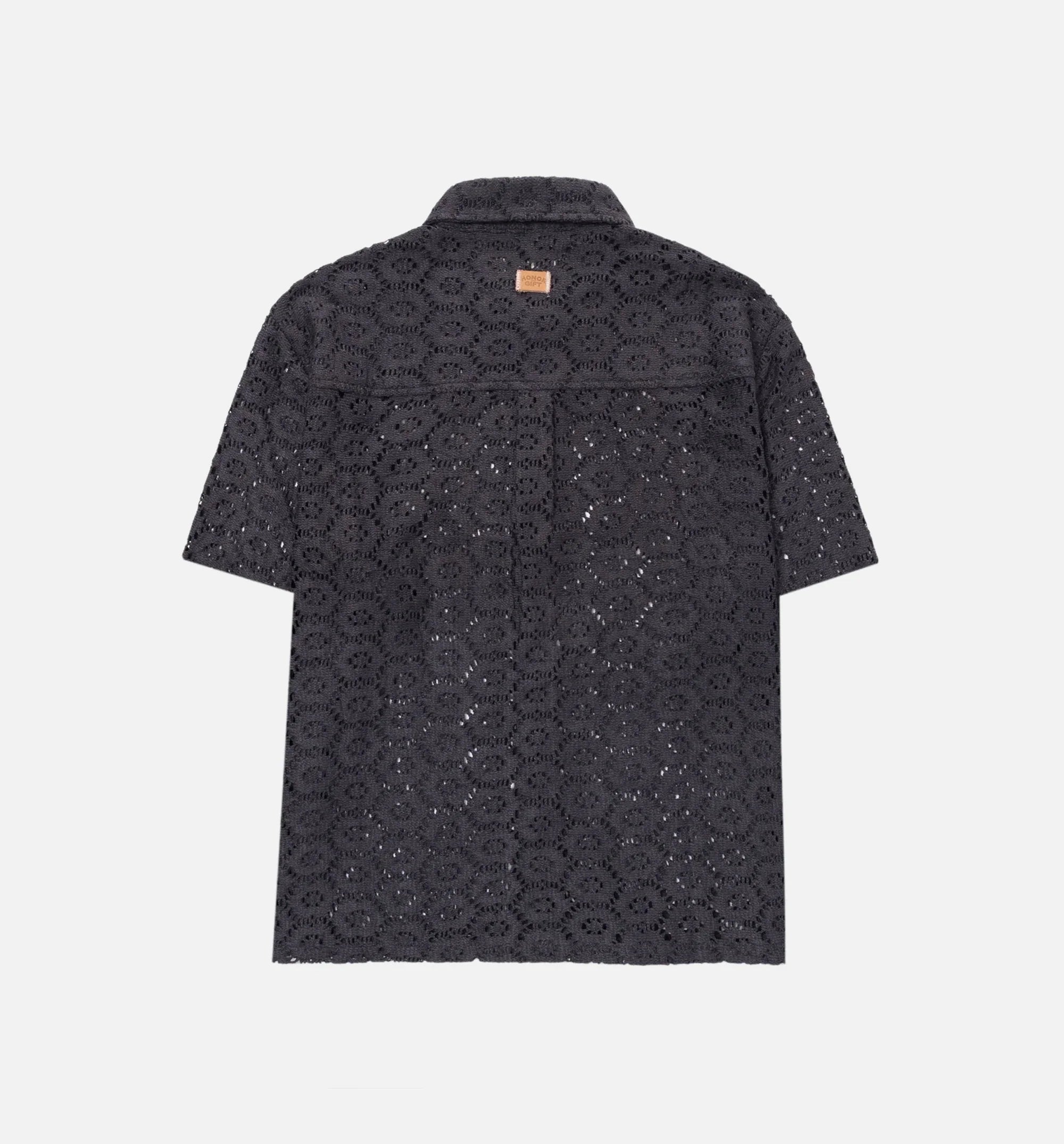 Crochet Button Up Mens Short Sleeve Shirt Black