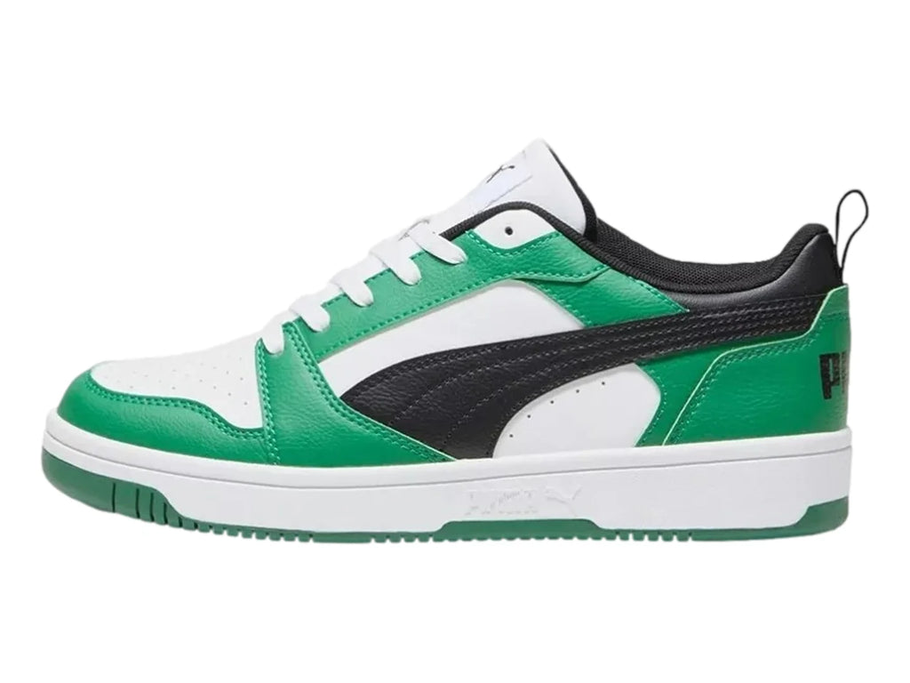 Tenis PUMA Rebound V6 Lo Blanco Negro y Verde para Niño