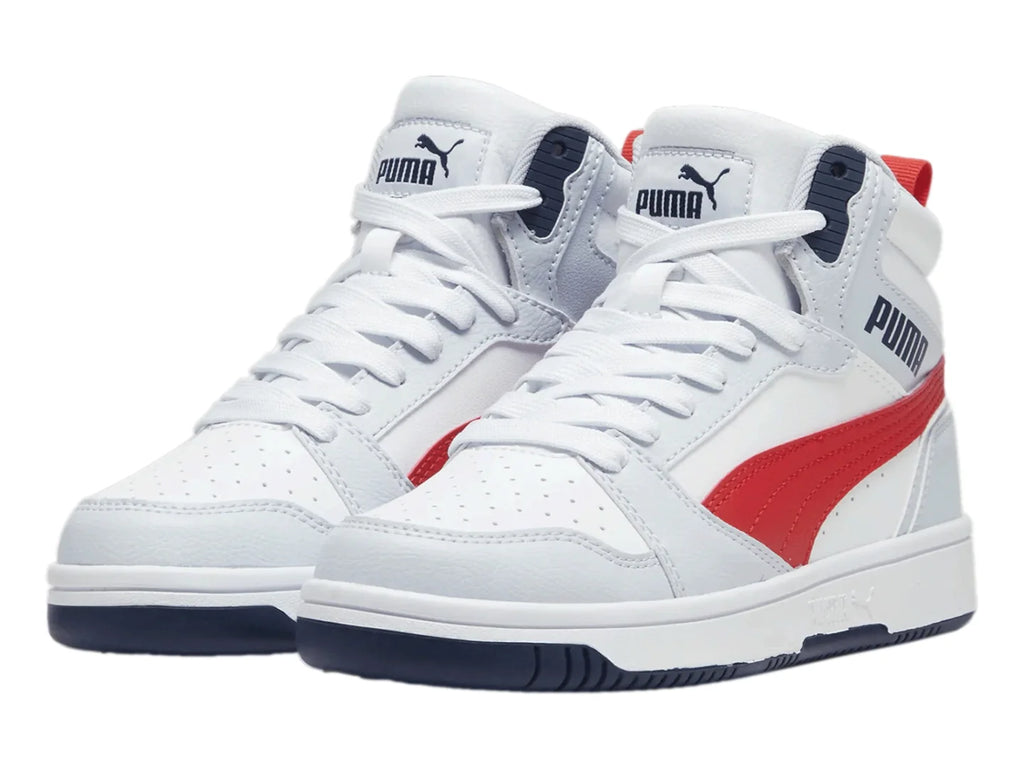 Tenis PUMA Rebound V6 Mid Plata Azul y Rojo para Niño